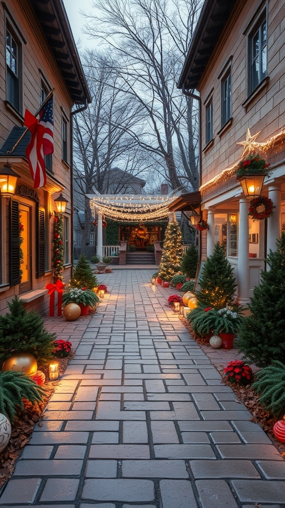 A festive flagstone walkway decorated with lights, plants, and ornaments during the holiday season.