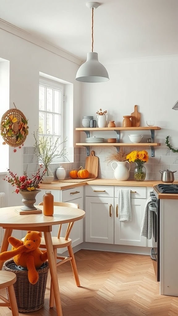 A cozy Scandinavian kitchen with seasonal decor, featuring pumpkins, flowers, and a warm color palette.