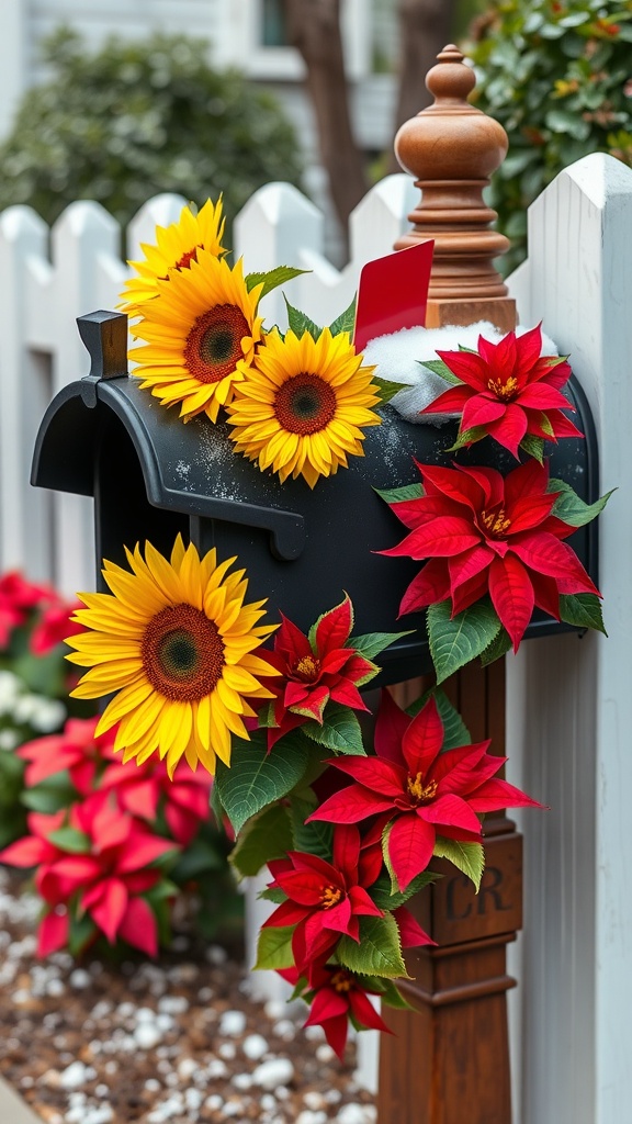 A mailbox decorated with sunflowers and red poinsettias