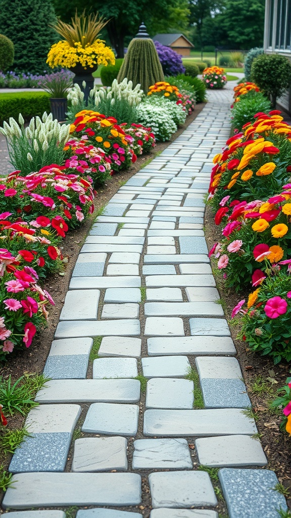 A flagstone walkway bordered by colorful seasonal flowers.