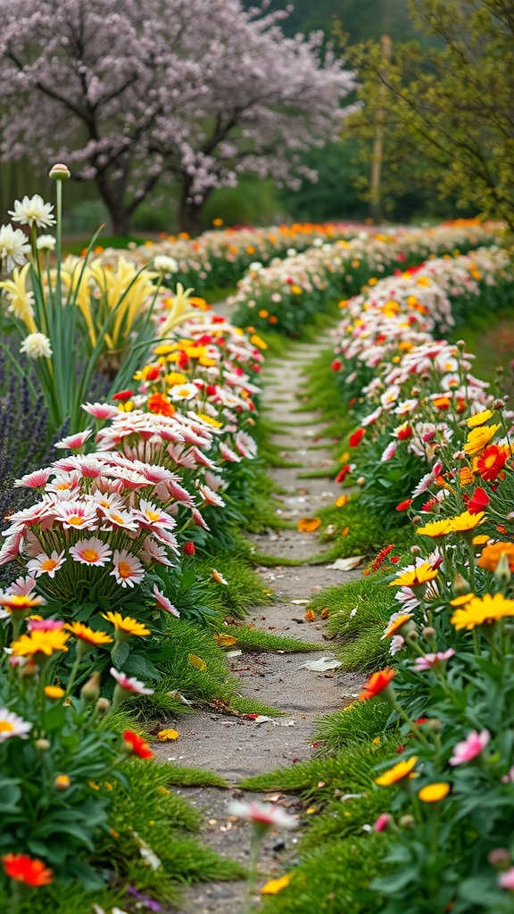 A winding path lined with colorful seasonal flowers and blossoming trees in the background.