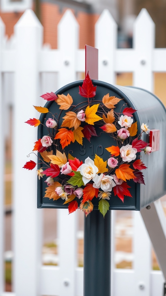 A mailbox decorated with a fall-themed wreath made of vibrant leaves and flowers.