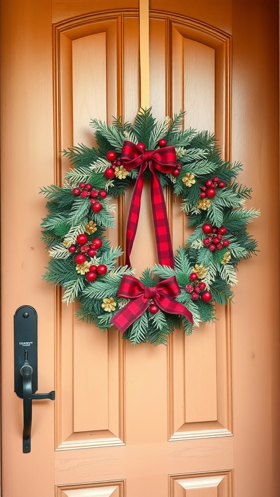 A festive seasonal wreath with red bows and ornaments on a front door.