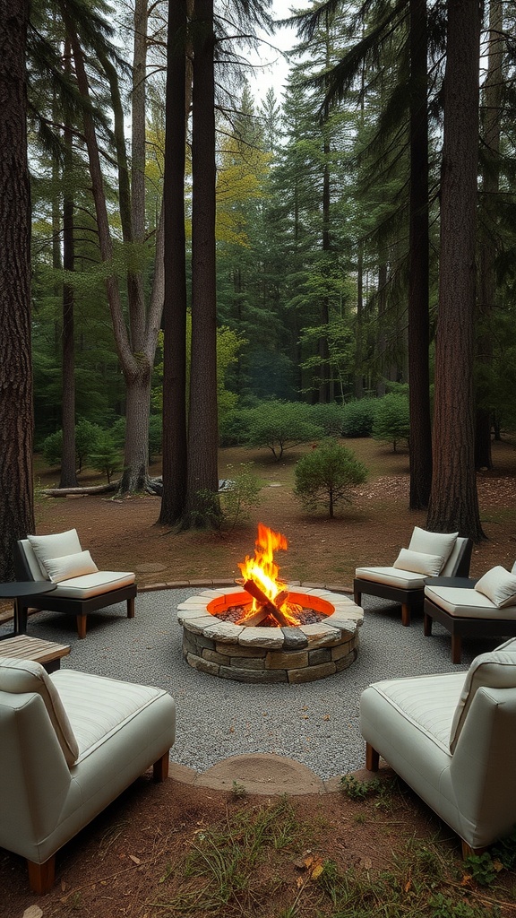 A cozy fire pit area surrounded by tall trees, featuring comfortable seating and a stone fire pit.