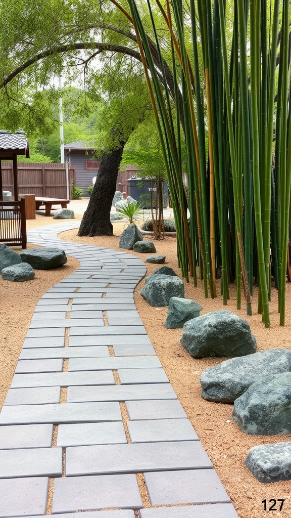 A winding flagstone walkway in a serene Zen garden, surrounded by bamboo and rocks.