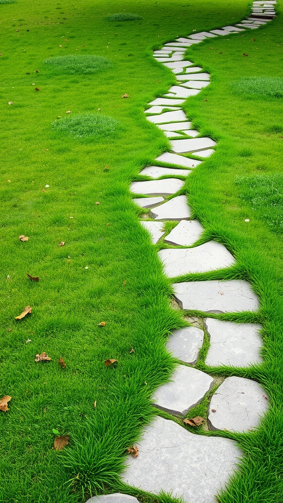 A serpentine flagstone walkway through lush green grass.