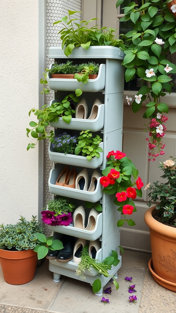 A vertical shoe organizer transformed into a planter, featuring various colorful plants and flowers.