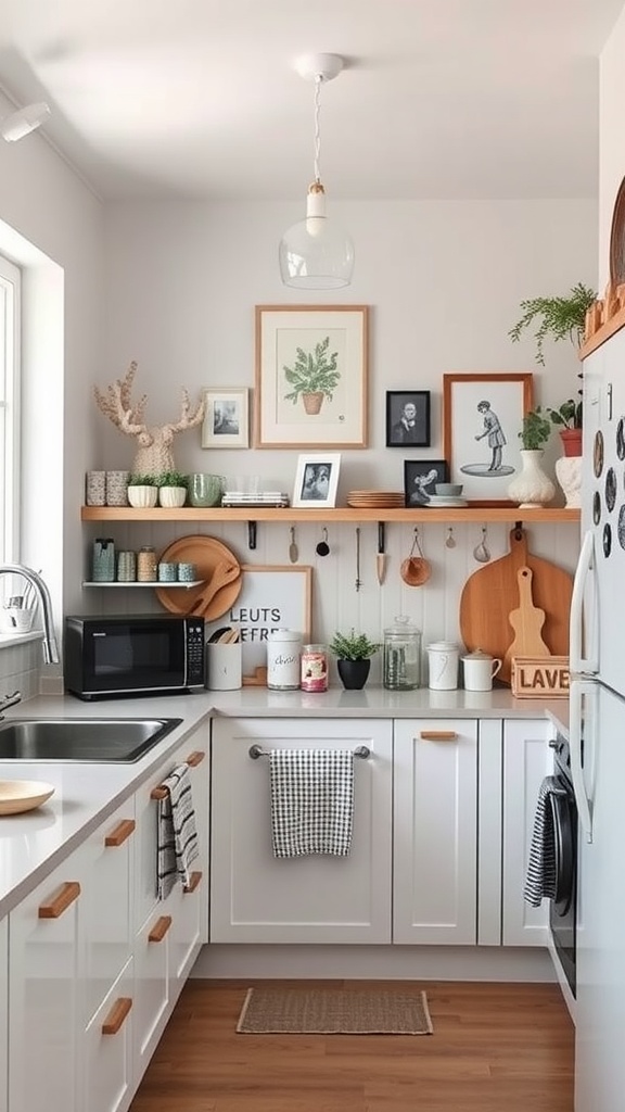 A cozy Scandinavian kitchen featuring open shelves with art, plants, and kitchenware.