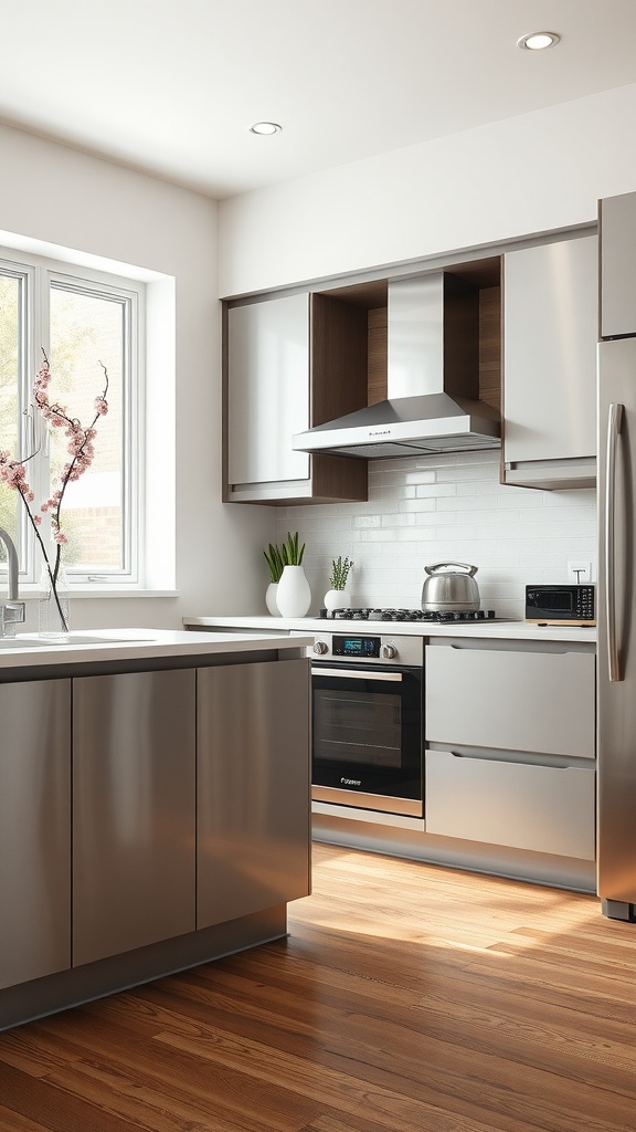 A modern kitchen featuring silver and dark wood cabinets, with natural light illuminating the space.