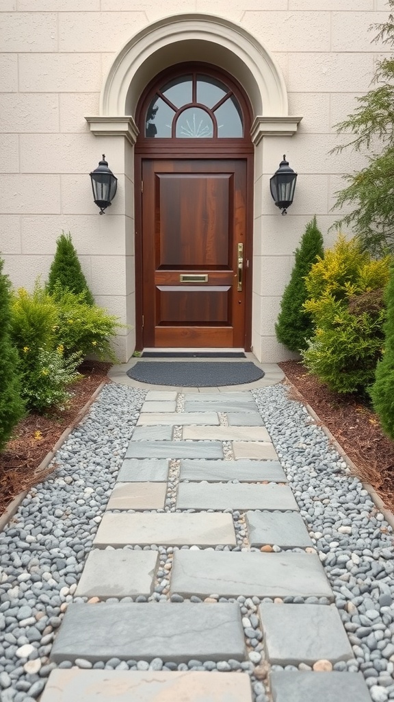 A stone chip pathway leading to a wooden front door, surrounded by greenery.