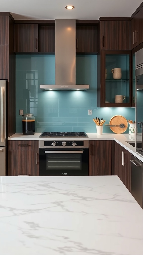 A modern kitchen featuring a sky blue glossy backsplash and dark kitchen cabinets with a marble countertop.