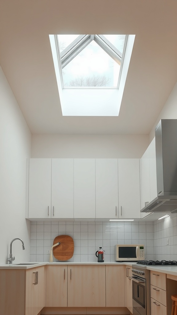 A bright kitchen with a skylight overhead