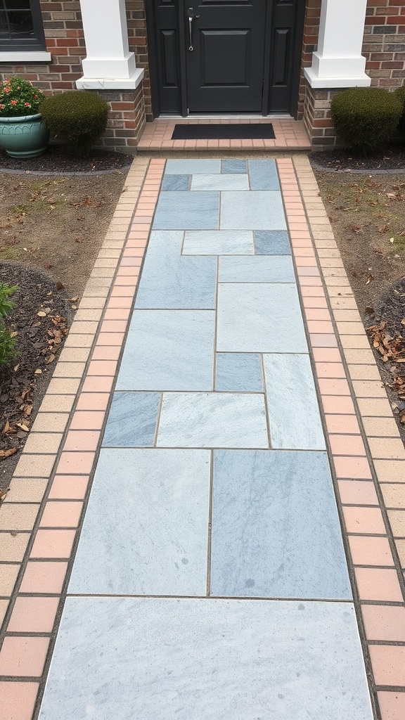 A hybrid walkway made of slate tiles and brick leading to a front door