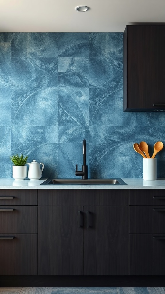 A kitchen featuring a slate blue textured backsplash with dark cabinets and a white countertop.