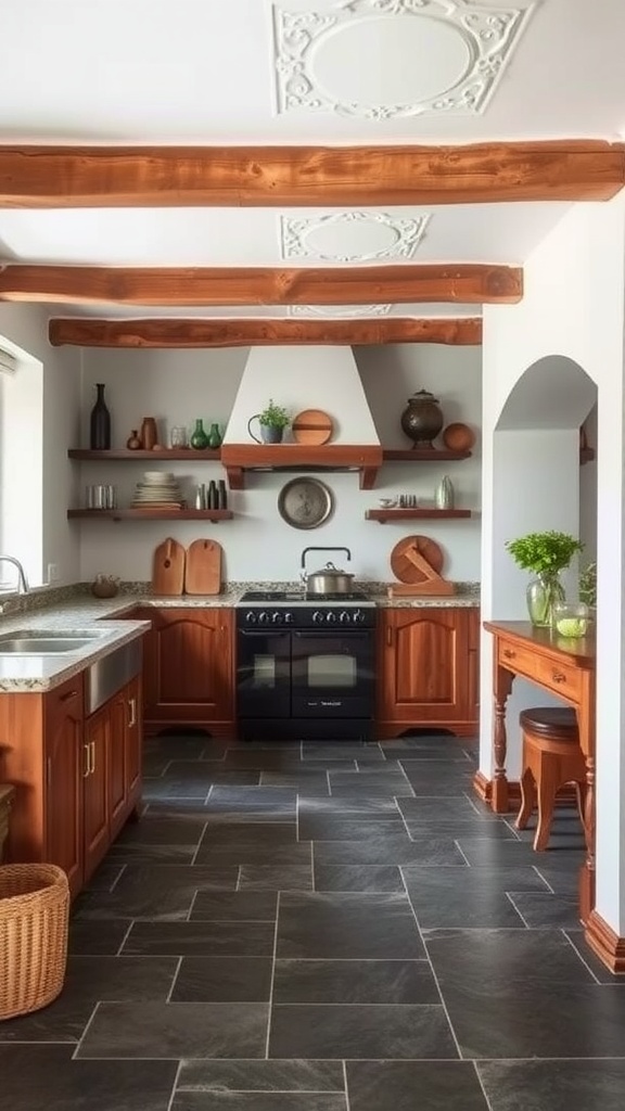 A kitchen featuring slate flooring, wooden cabinets, and a cozy, natural design.