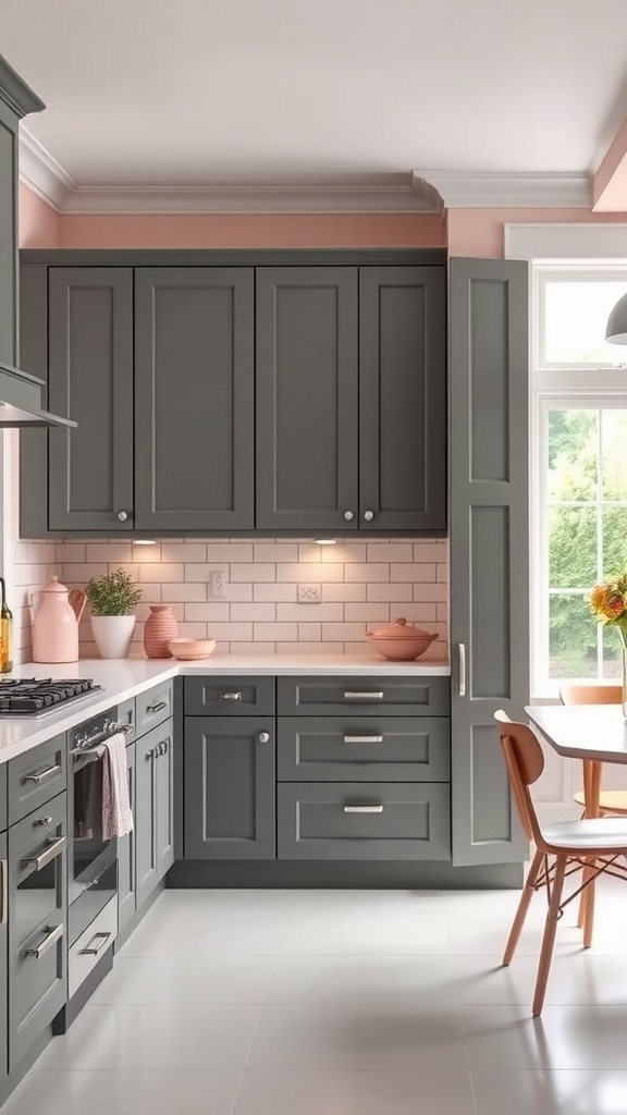 A kitchen featuring slate gray cabinets and soft pink accents, creating a cozy and stylish atmosphere.