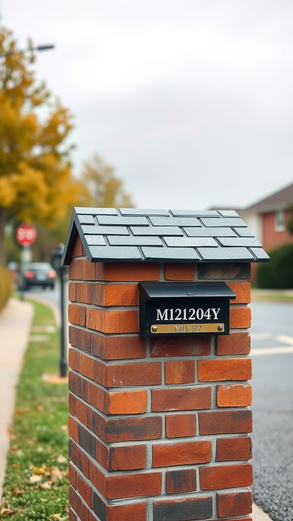 A brick mailbox with a slate roof, featuring a modern design.