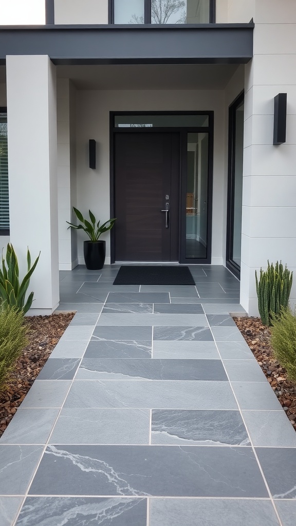 A modern slate tile walkway leading to a front door, bordered by potted plants and greenery.