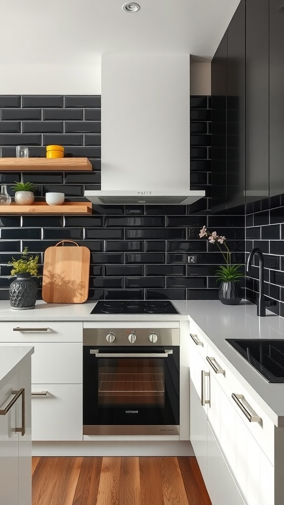 A modern kitchen featuring a sleek black tile backsplash, white cabinets, and wooden shelves.