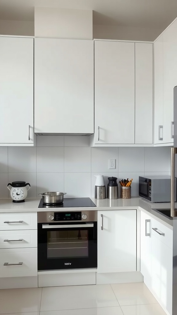 A minimalist kitchen featuring white cabinets, stainless steel appliances, and a clean countertop.