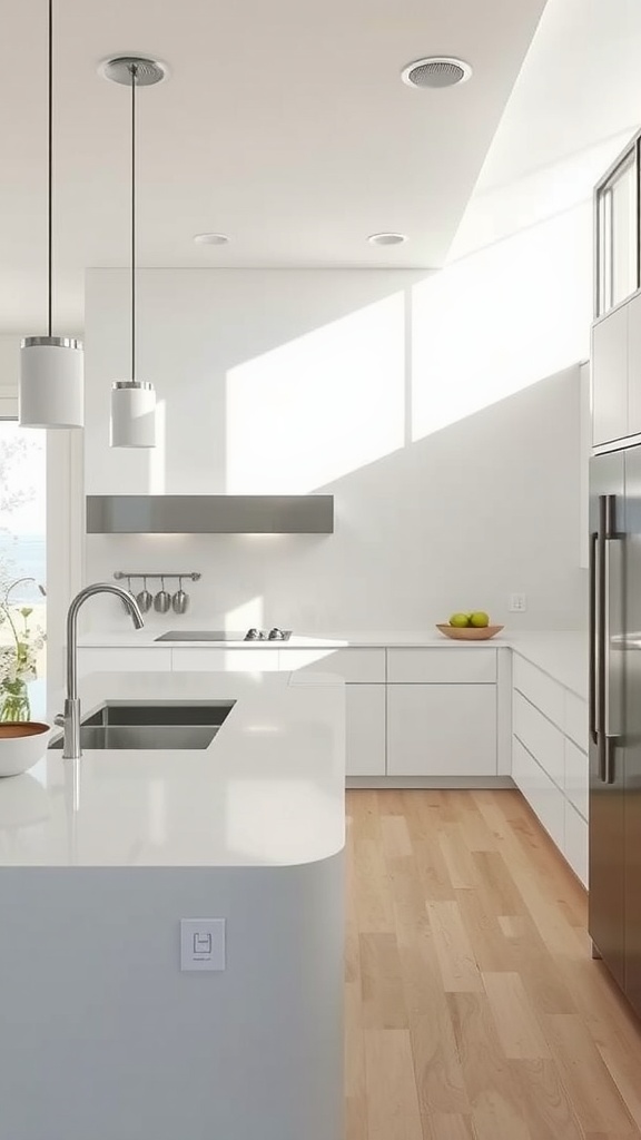 Bright and modern beach house kitchen with white cabinets and wood flooring.