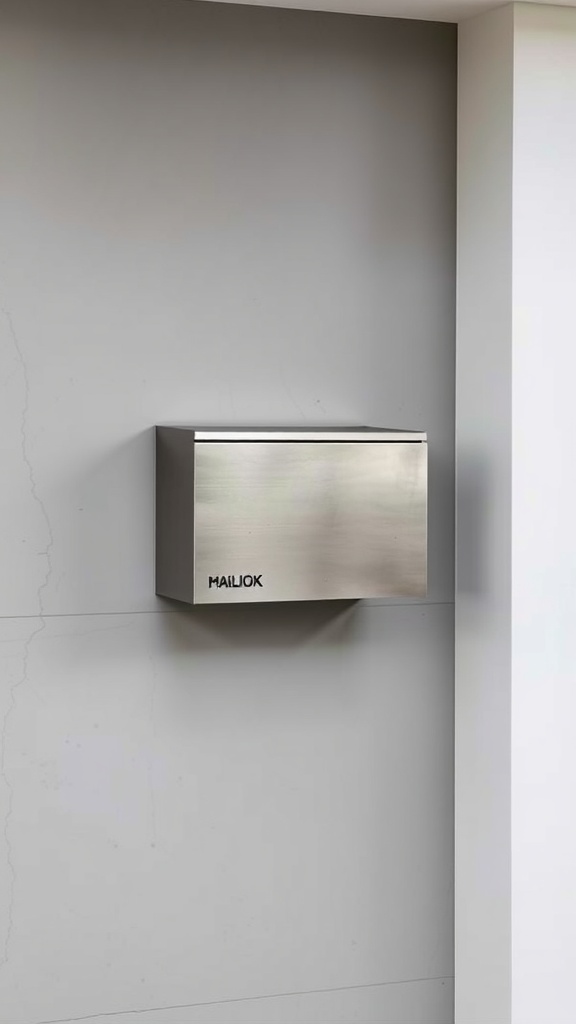 A modern stainless steel mailbox mounted on a wall.