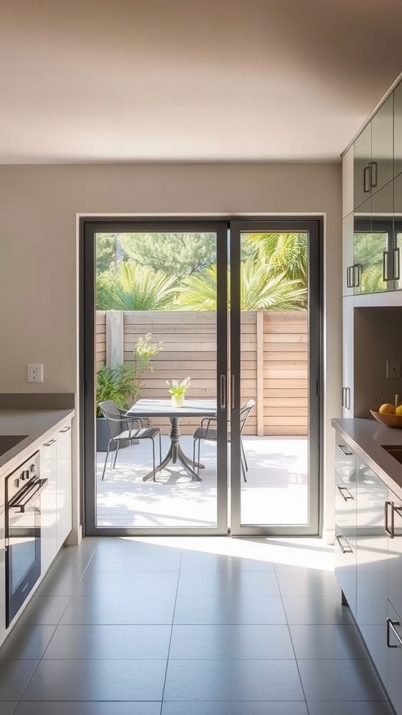 Sliding glass door opening to an outdoor patio with a table and chairs