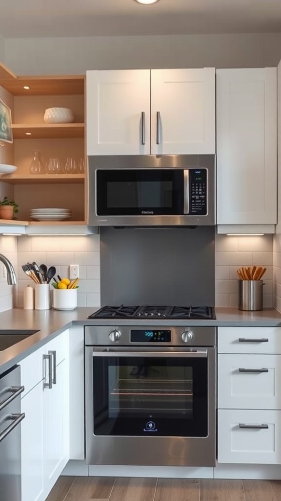 A modern kitchen featuring integrated appliances, open shelving, and a stylish design.