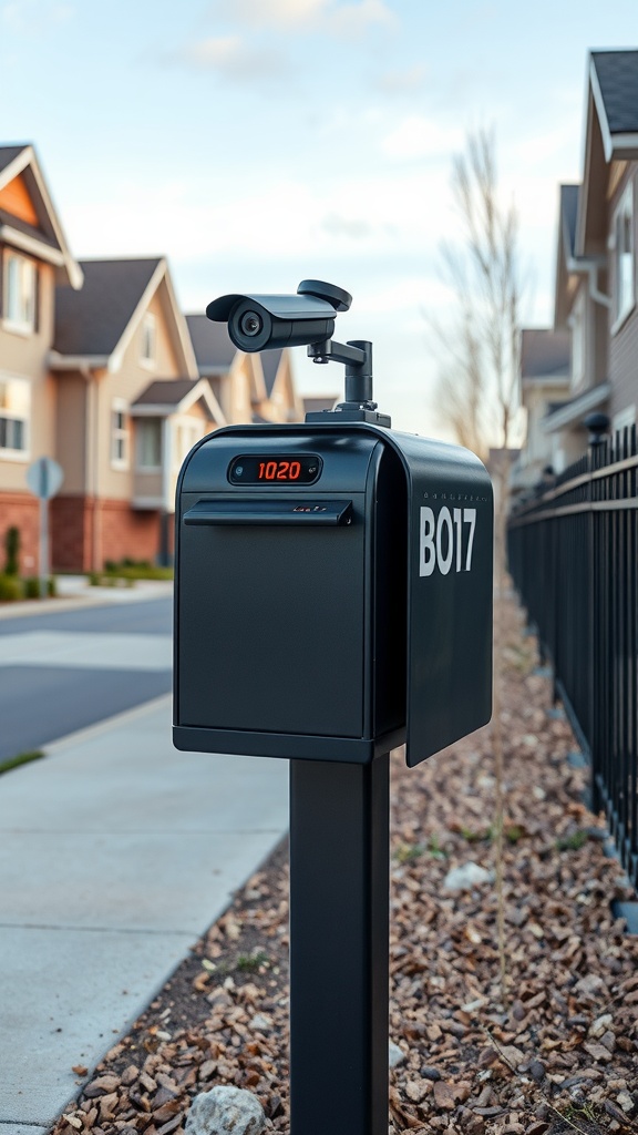 A modern black mailbox with a security camera and digital display outside a suburban home.