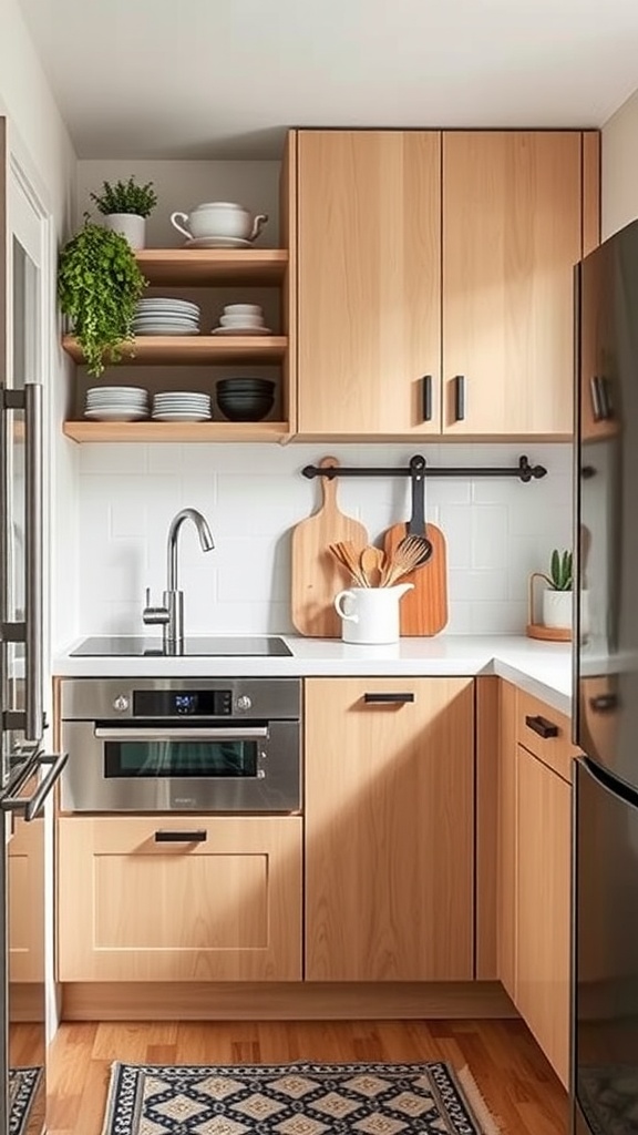 A Scandinavian kitchen with light wood cabinets, open shelving, and smart storage solutions.