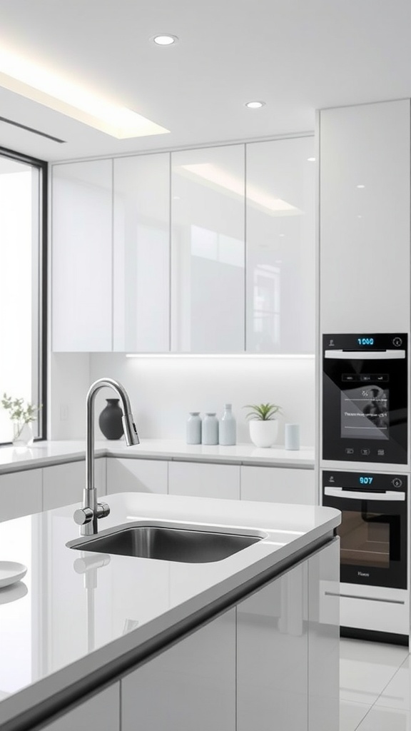 Modern kitchen with smart tech features, including integrated appliances and a sleek faucet.