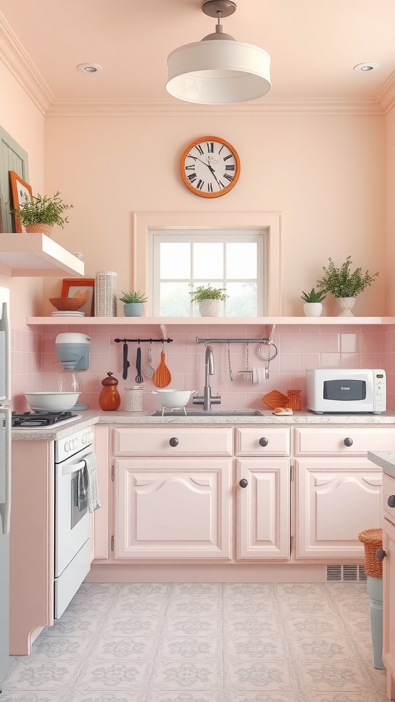 A cozy kitchen featuring soft blush pink walls and cabinetry, with gray countertops and white appliances.