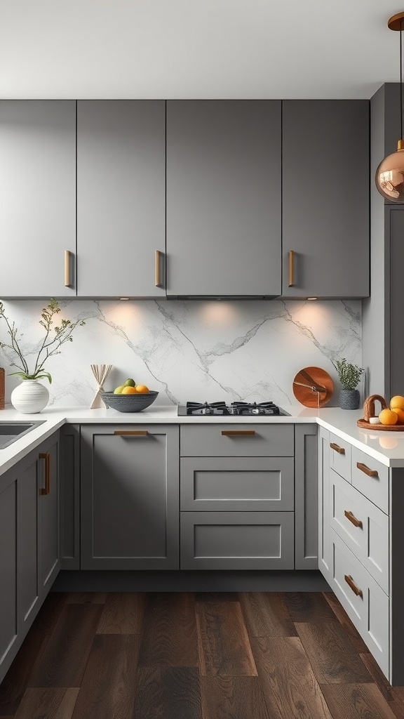 A modern kitchen featuring soft gray and charcoal cabinets, dark wood flooring, and elegant accents.