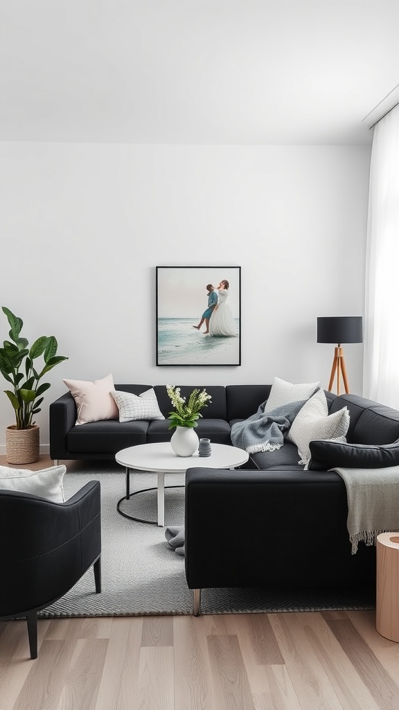 A cozy living room with a black sectional sofa, pastel cushions, a white coffee table, and a large plant.