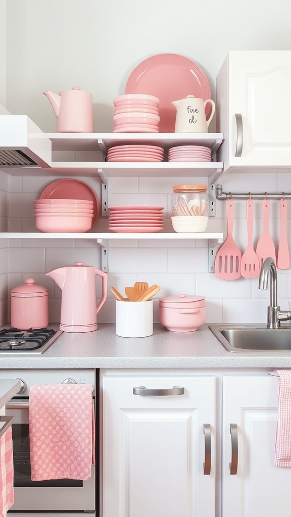 A modern kitchen featuring soft pink accessories, including plates, teapot, and utensils on open shelves.