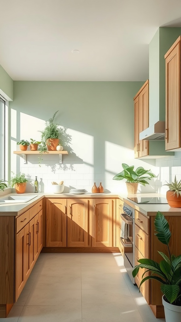 A kitchen featuring soft sage green walls, wooden cabinets, and potted plants, creating a tranquil and inviting atmosphere.