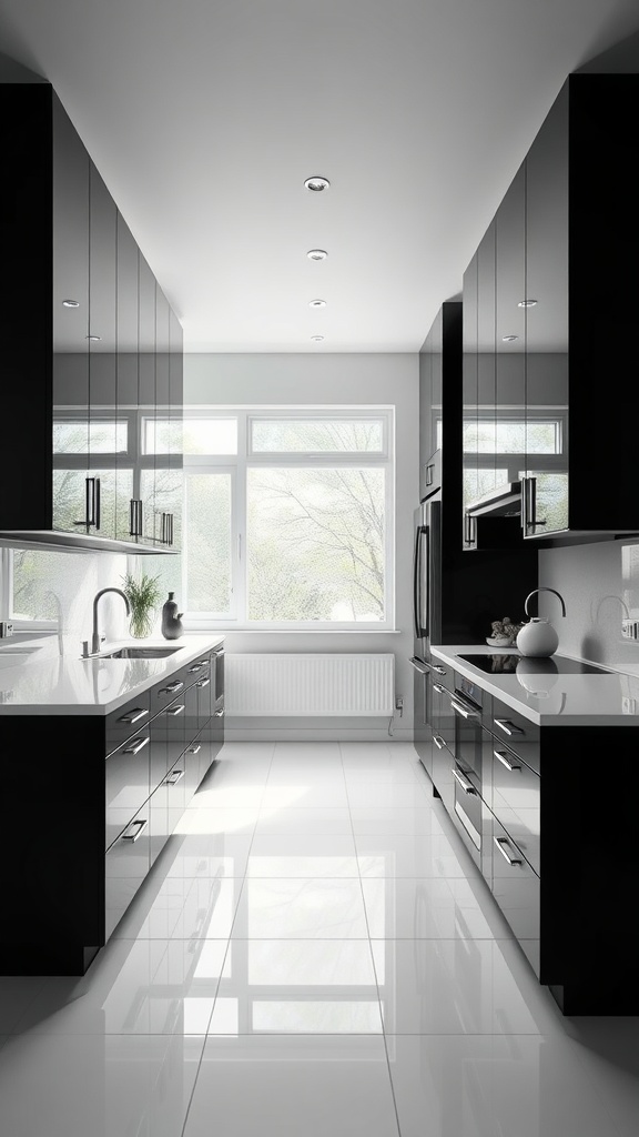 A modern kitchen with black glossy cabinets, white countertops, and polished white floors, featuring a large window that brings in natural light.