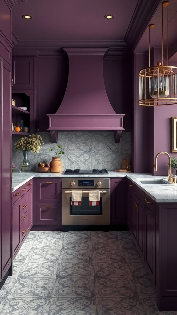 A kitchen featuring sophisticated plum cabinetry and decor, complemented by light marble countertops and golden accents.