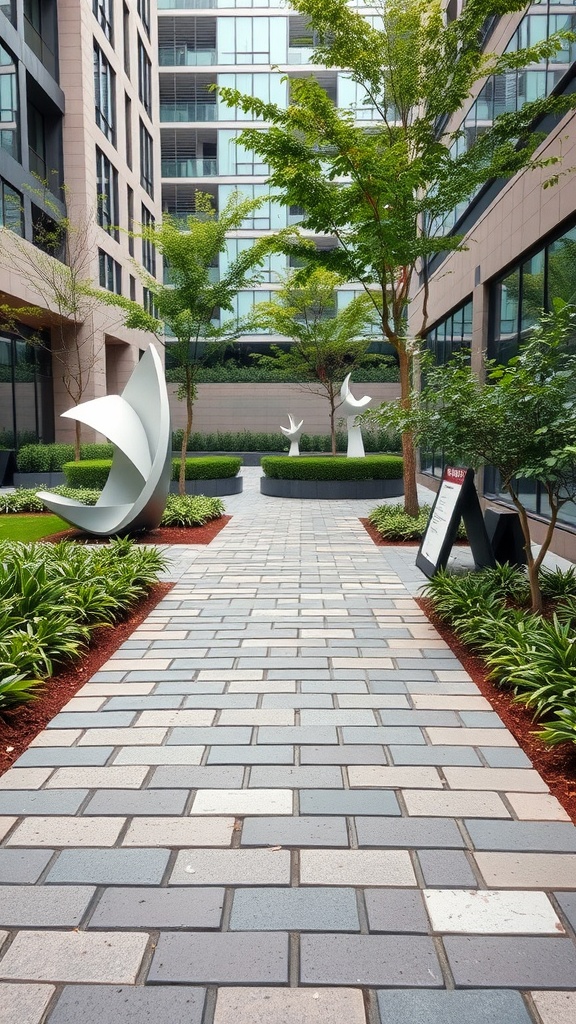 A stylish flagstone walkway surrounded by greenery and modern sculptures in an urban setting.