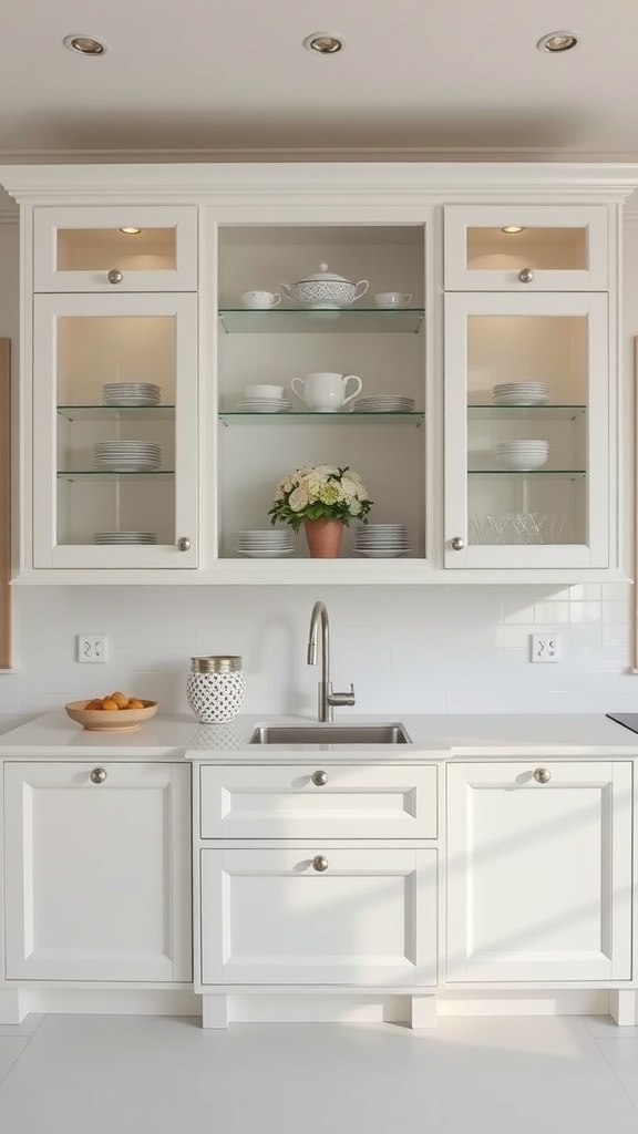 Sophisticated white kitchen featuring glass cabinets and elegant decor.