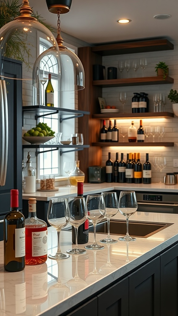 A sophisticated wine bar setup in a modern kitchen, featuring wine bottles, glasses, and stylish lighting.