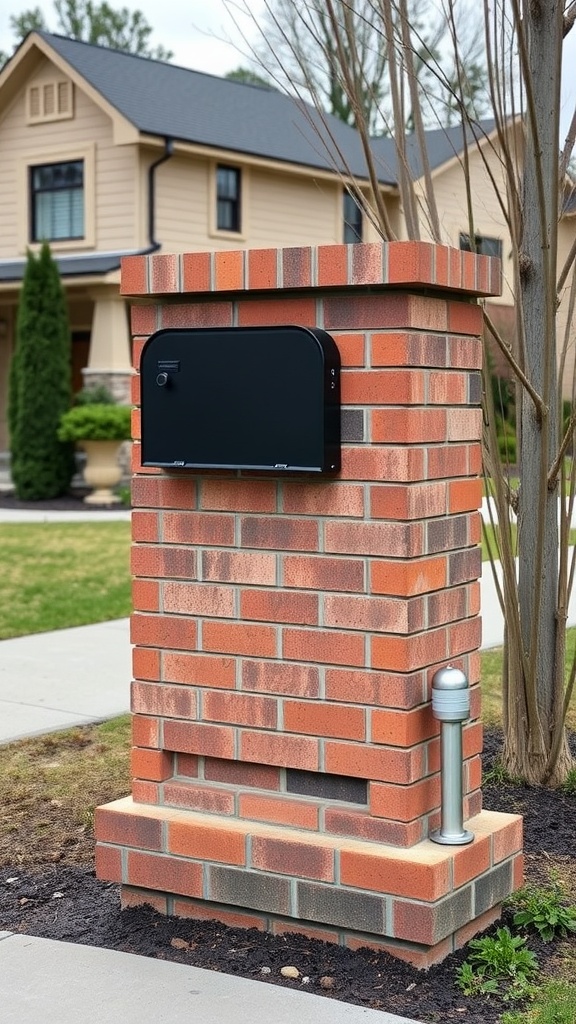 Split level brick mailbox with a black mailbox in front of a house