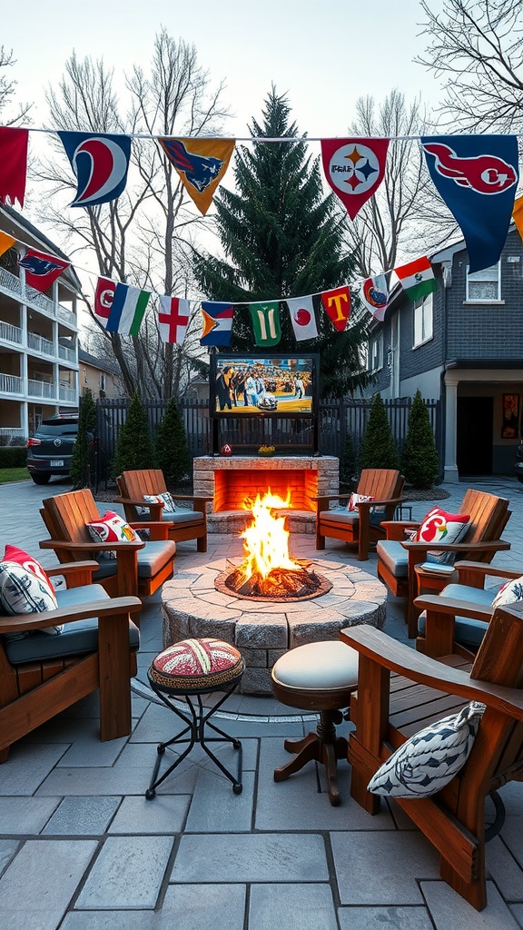 A backyard fire pit area designed for sports fans, featuring a fire pit, comfortable seating, and team banners.