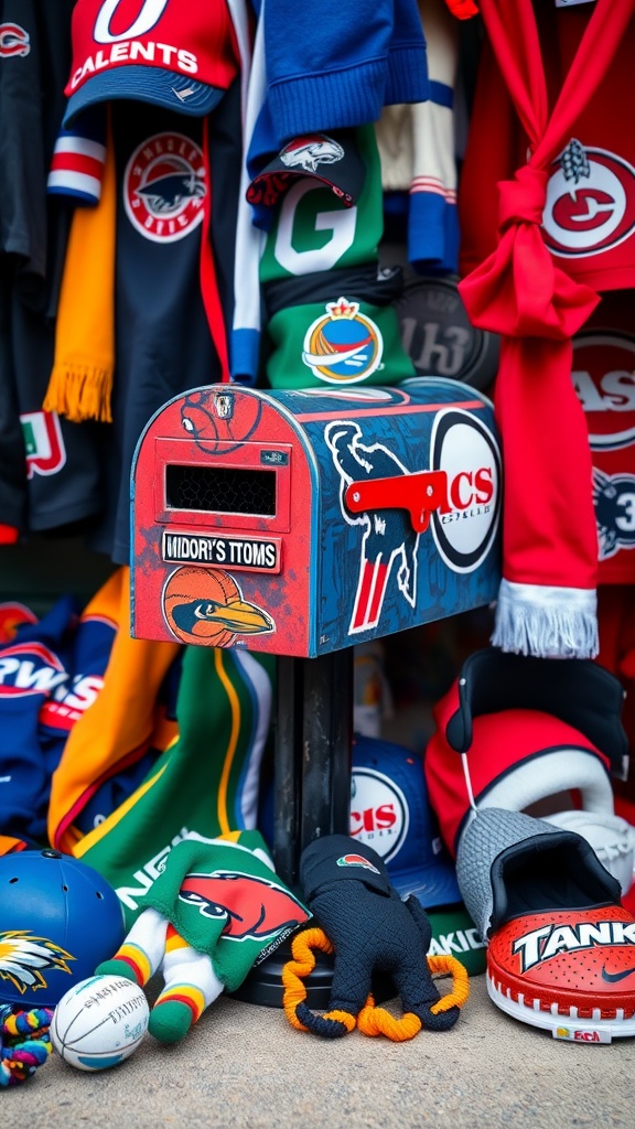 A mailbox decorated with sports jerseys and memorabilia, showcasing team spirit.