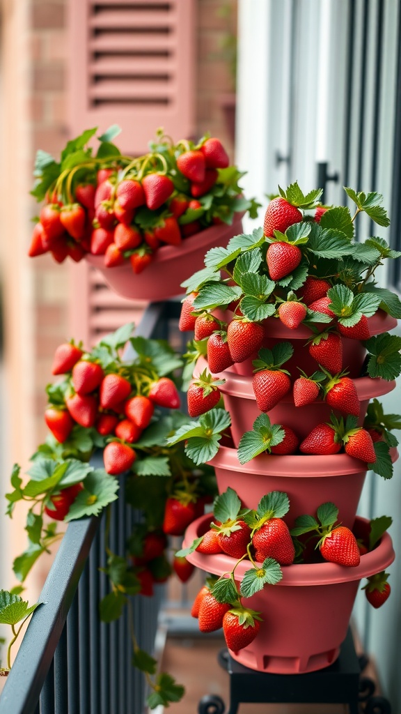 Stackable strawberry containers filled with ripe strawberries and green leaves on a balcony railing