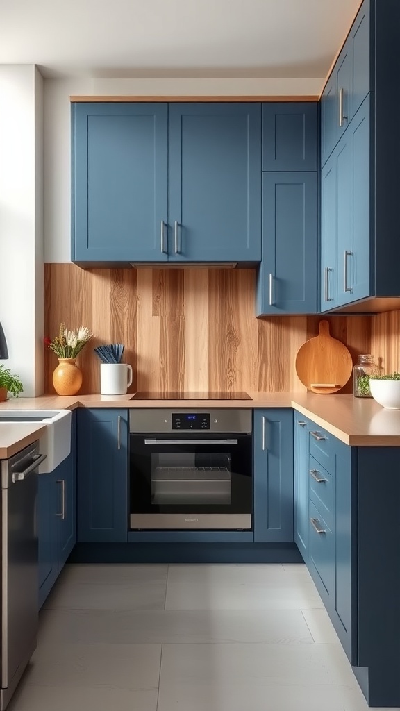 A modern kitchen featuring steel blue cabinets with ash wood accents.