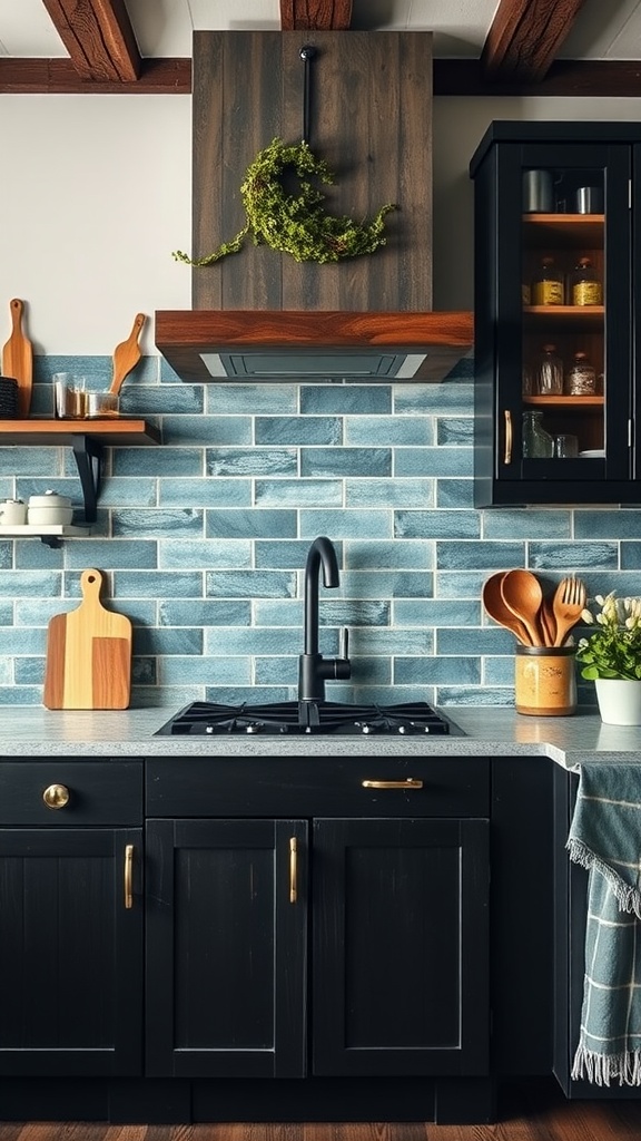 A kitchen featuring steel blue slate tiles as a backsplash with dark cabinets and modern decor.