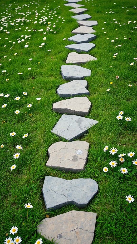 A pathway made of irregularly shaped gray stones surrounded by green grass and white daisies.