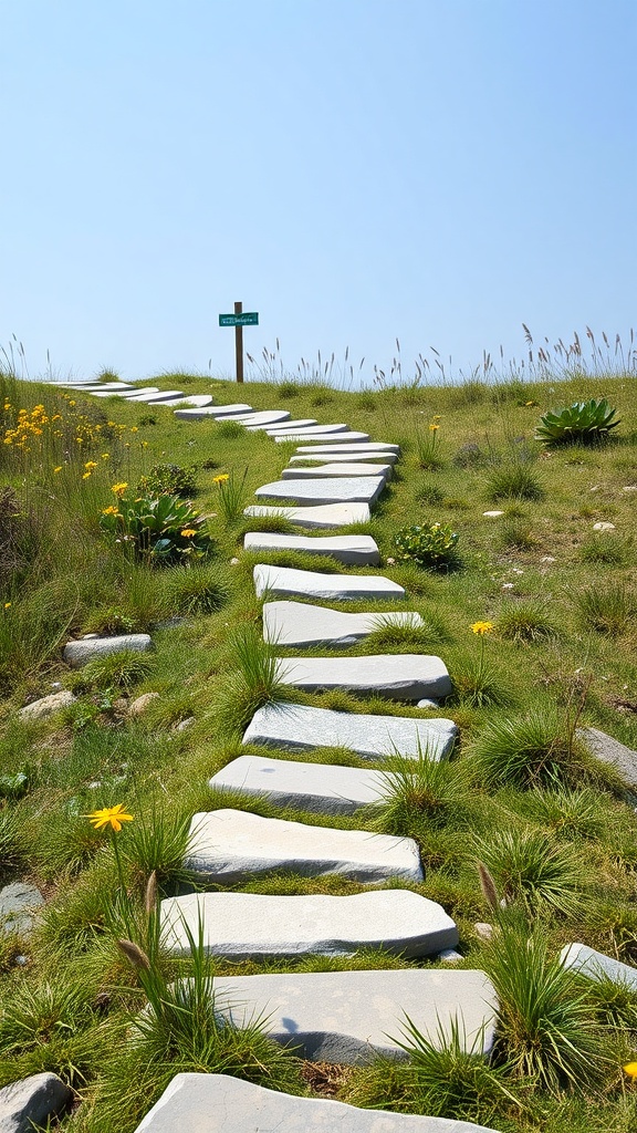 A winding trail of stepping stones through lush grass and wildflowers, leading to a signpost.