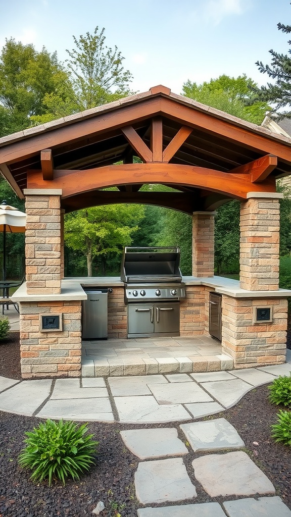 A stone and brick grill pavilion with a wooden roof, modern grill, and surrounded by greenery.